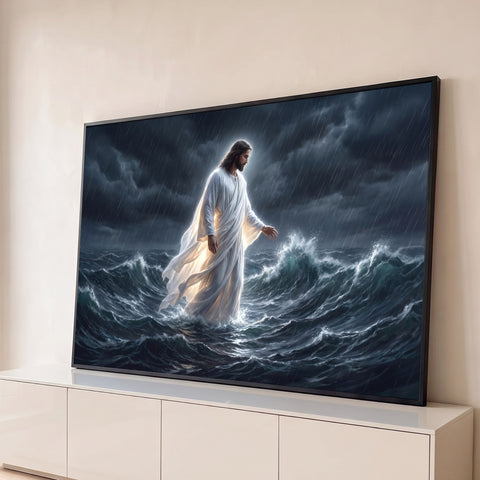 Jesus Cristo de manto branco iluminado caminhando sobre ondas em mar tempestuoso com chuva, quadro decorativo