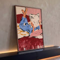 Quadro Decorativo Grande Pessoa Lendo para Quarto Vermelho | quadros decorativos para sala | ilustração de pessoa deitada lendo revista na cama com pijama azul | Porao dos Quadros