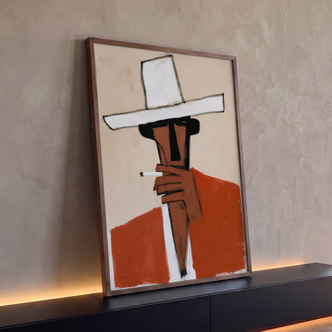 Quadro Decorativo Homem de Chapéu Branco Estilo Abstrato | quadros decorativos para sala | figura estilizada de chapéu branco largo e rosto terracota fumando cigarro | Porao dos Quadros
