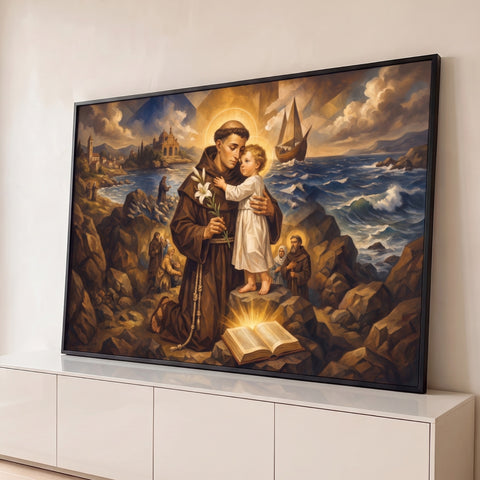 Santo Antônio abraça o Menino Jesus com lírio e Bíblia à beira-mar, pintura marrom, quadro decorativo