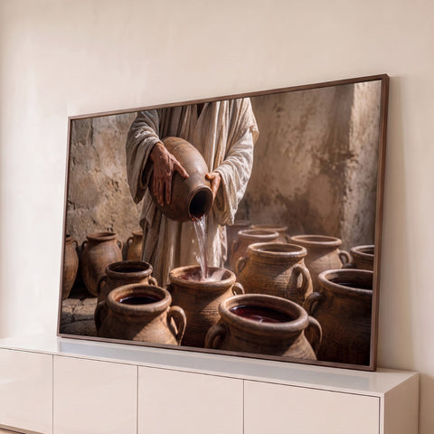 Mãos de Jesus derramando água que vira vinho em potes de barro, Bodas de Caná, quadro decorativo