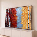 Quadro Decorativo Bétulas em Vermelho e Dourado Textura | quadros decorativos para sala | bosque de bétulas com folhagem vermelha e dourada em textura de tinta espessa | Porao dos Quadros