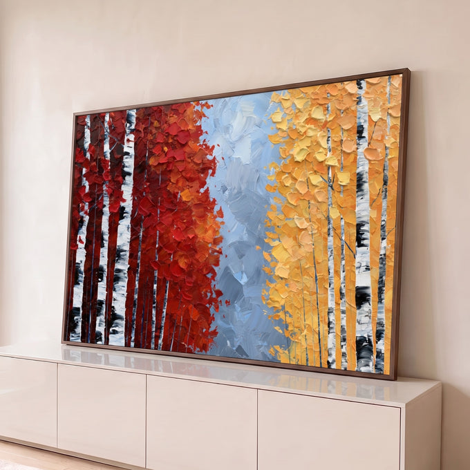 Quadro Decorativo Bétulas em Vermelho e Dourado Textura | quadros decorativos para sala | bosque de bétulas com folhagem vermelha e dourada em textura de tinta espessa | Porao dos Quadros