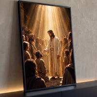 Quadro Decorativo Grande Jesus a Multidão para Sala Dourado - Borda Infinita / 100x65cm