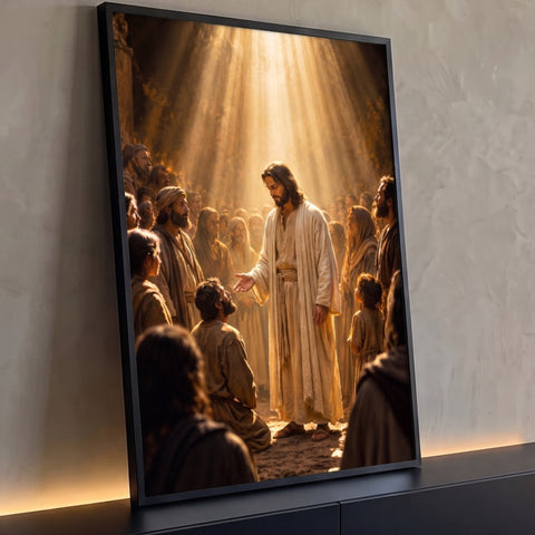 Quadro Decorativo Grande Jesus a Multidão para Sala Dourado | quadros decorativos para sala | Jesus Cristo em túnica clara estendendo a mão sob luz dourada cercado por multidão | Porao dos Quadros