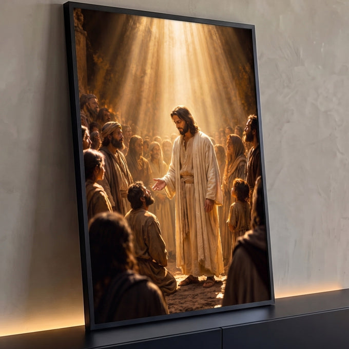 Quadro Decorativo Grande Jesus a Multidão para Sala Dourado | quadros decorativos para sala | Jesus Cristo em túnica clara estendendo a mão sob luz dourada cercado por multidão | Porao dos Quadros