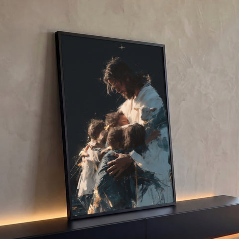 Quadro Decorativo Jesus Abraçando Crianças em Luz Dourada | quadros decorativos para sala | Porao dos Quadros