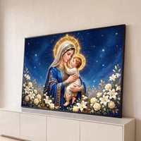 Quadro Decorativo Grande Nossa Senhora do Céu para Sala Azul - Borda Infinita / 65x100cm