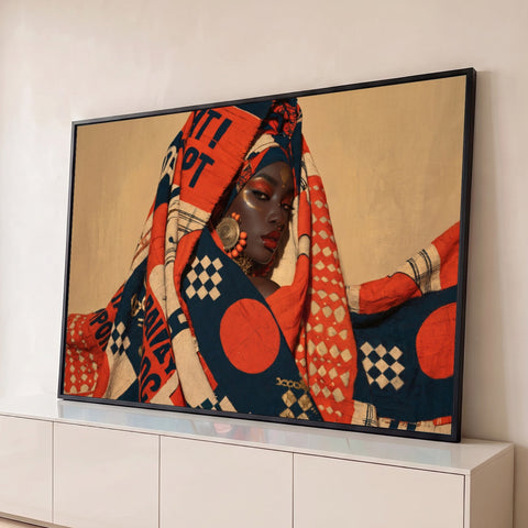 Mulher negra envolta em tecido estampado laranja e azul, com maquiagem dourada e brinco, quadro decorativo
