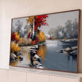 Pintura de rio calmo no outono com bétulas, folhas vermelhas e amarelas e pedras, quadro decorativo