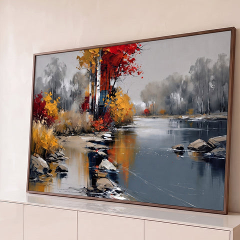 Pintura de rio calmo no outono com bétulas, folhas vermelhas e amarelas e pedras, quadro decorativo