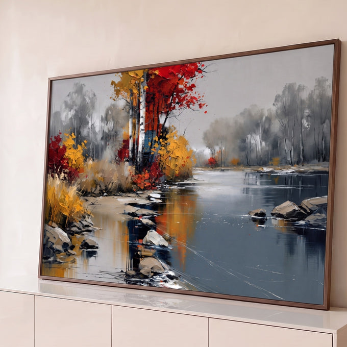 Pintura de rio calmo no outono com bétulas, folhas vermelhas e amarelas e pedras, quadro decorativo