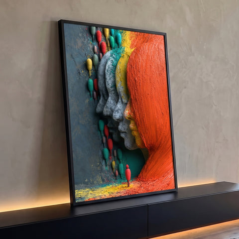 Rostos esculpidos em perfil do cinza ao laranja com pequenas figuras coloridas, quadro decorativo