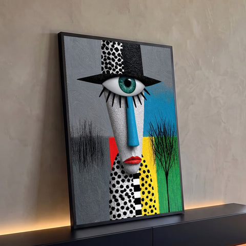 Quadro Decorativo Grande Rosto Cubista Olho Verde para Sala | quadros decorativos para sala | rosto cubista com olho verde gigante, nariz azul e cartola de bolinhas | Porao dos Quadros