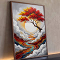 Quadro Decorativo Grande Árvore Vermelha Vermelho para Sala | quadros decorativos para sala | árvore com folhas vermelhas e amarelas sobre sol branco e rio colorido entre nuvens | Porao dos Quadros