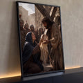Quadro Decorativo Grande Jesus Carregando Cruz para Sala | quadros decorativos para sala | Jesus carregando a cruz com coroa de espinhos recebe pano de mulher ajoelhada | Porao dos Quadros