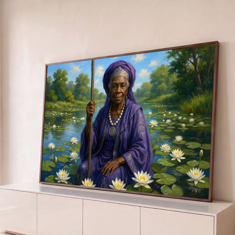 Orixá Nanã idosa de manto roxo e cajado sentada em lago de ninfeias brancas, quadro decorativo