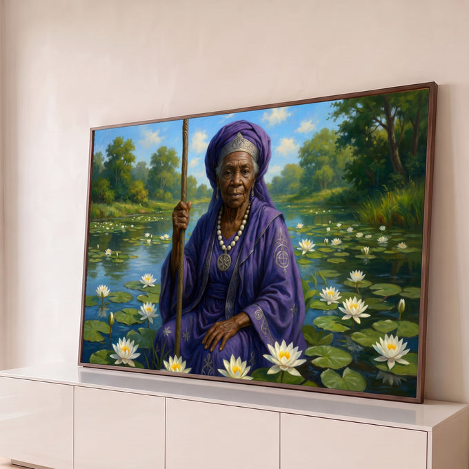 Orixá Nanã idosa de manto roxo e cajado sentada em lago de ninfeias brancas, quadro decorativo