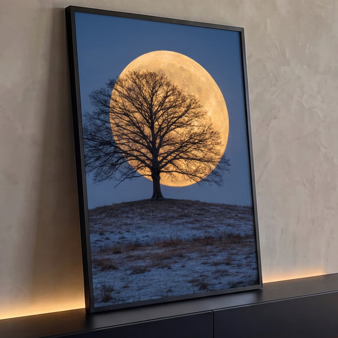 Lua cheia dourada gigante atrás de árvore sem folhas em colina com neve e céu azul, quadro decorativo