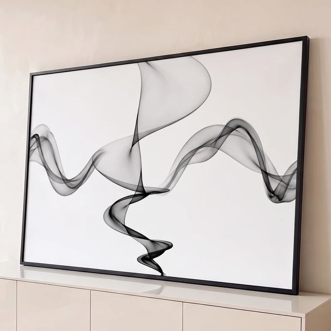 Quadro Decorativo Grande Fumaça Abstrata para Sala Preto | quadros decorativos para sala | formas de fumaça abstrata preta ondulada sobre fundo branco | Porao dos Quadros