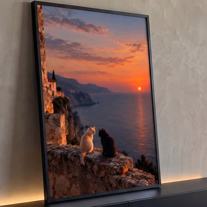 Gato branco e gato preto em muro de pedra olhando o pôr do sol laranja sobre o mar, quadro decorativo