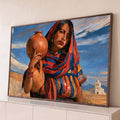 Quadro Decorativo Mulher com Cântaro de Barro e Xale | quadros decorativos para sala | mulher com xale colorido carregando cântaro de barro, fundo com igreja e montanhas | Porao dos Quadros