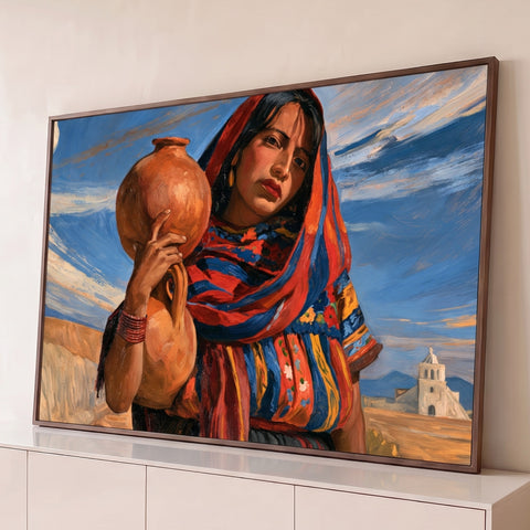 Mulher latina de xale colorido segurando cântaro de barro, céu azul e igreja branca, quadro decorativo