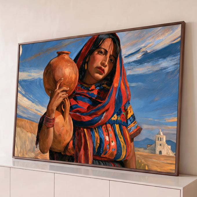 Quadro Decorativo Mulher com Cântaro de Barro e Xale | quadros decorativos para sala | mulher com xale colorido carregando cântaro de barro, fundo com igreja e montanhas | Porao dos Quadros