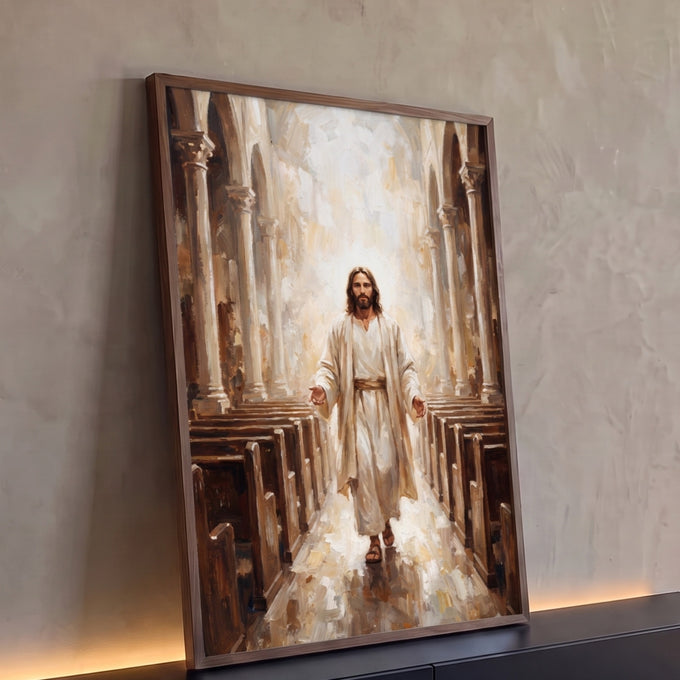 Quadro Decorativo Grande Jesus Cristo Branco para Sala | quadros decorativos para sala | Jesus Cristo de braços abertos caminhando por corredor de igreja iluminado | Porao dos Quadros