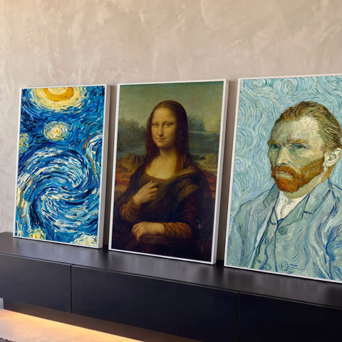 Quadro Decorativo Kit 3 Telas Van Gogh e Mona Lisa para Sala | quadros decorativos para sala | trio de obras clássicas com Noite Estrelada, Mona Lisa e autorretrato de Van Gogh | Porao dos Quadros