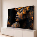 Quadro Decorativo Grande Rosto Rachaduras Douradas para Sala | quadros decorativos para sala | rosto feminino em perfil com rachaduras douradas e borboletas sobre fundo preto | Porao dos Quadros