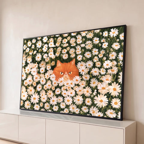 Ilustração de gato persa laranja de cara séria escondido em campo de margaridas brancas, quadro decorativo