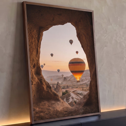Balões de ar quente sobre a Capadócia ao amanhecer vistos de uma caverna de pedra, quadro decorativo