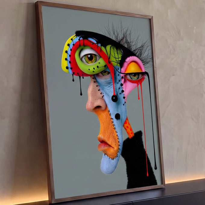 Rosto surreal com retalhos coloridos, três olhos, costuras e gotas pretas e vermelhas, quadro decorativo