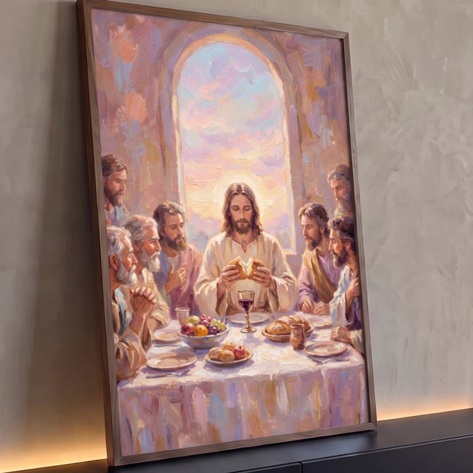 Quadro Decorativo Grande Santa Ceia Bege para Sala | quadros decorativos para sala | Jesus e discípulos à mesa numa Santa Ceia em tons pastel impressionistas | Porao dos Quadros