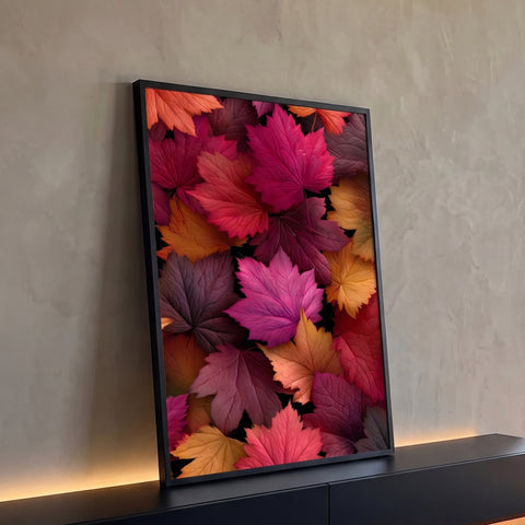 Folhas de bordo de outono sobrepostas em rosa, magenta, vermelho e laranja, quadro decorativo