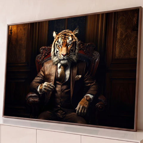 Tigre de terno marrom e gravata dourada sentado em poltrona entalhada, fundo escuro, quadro decorativo