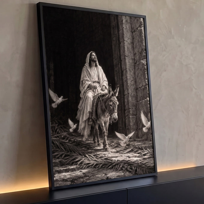 Quadro Decorativo Grande Entrada Triunfal para Sala Preto | quadros decorativos para sala | homem de manto montado em jumento atravessando portal de pedra com pombas voando, em preto e branco | Porao dos Quadros