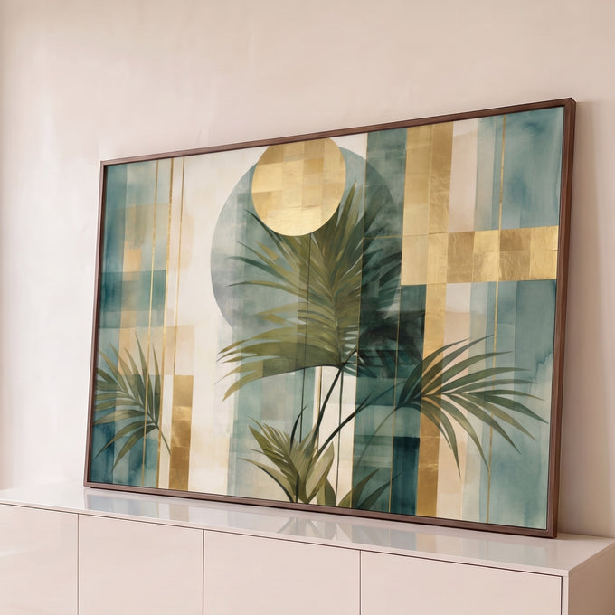 Folhas de palmeira verdes sobre blocos geométricos e sol em folha de ouro, quadro decorativo