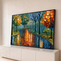 Quadro Decorativo Caminho de Outono com Reflexo no Lago | quadros decorativos para sala | caminho sinuoso entre árvores de outono refletido em lago dourado ao entardecer | Porao dos Quadros