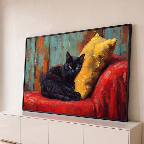 Gato preto de olhos amarelos deitado na almofada sobre sofá vermelho, pintura a óleo, quadro decorativo