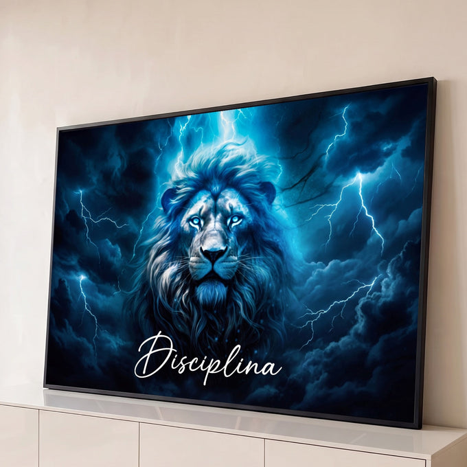 Quadro Decorativo Grande Leão com Raios para Escritório Azul | quadros decorativos para sala | rosto de leão azul elétrico sob raios com a palavra Disciplina | Porao dos Quadros