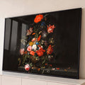 Quadro Decorativo Grande Buquê Clássico de Flores para Sala | quadros decorativos para sala | buquê clássico de tulipas, rosas e papoulas em vaso dourado sobre fundo escuro | Porao dos Quadros