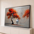 Árvore de folhas vermelhas e laranja com cavalo branco sobre fundo cinza em relevo, quadro decorativo