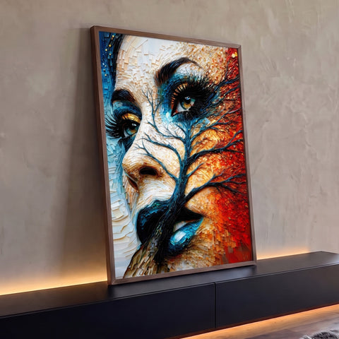 Rosto de mulher em mosaico com galhos azuis, olhos marcantes e tons laranja e vermelho, quadro decorativo