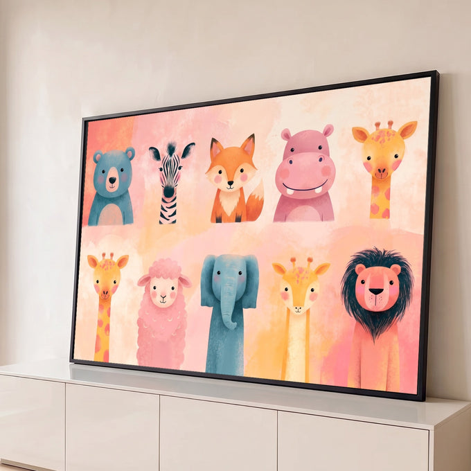 Quadro Decorativo Grande Bichinhos para Quarto de Bebê | quadros decorativos para sala | coleção de bichinhos fofos em aquarela pastel com urso, raposa, girafa e leão | Porao dos Quadros