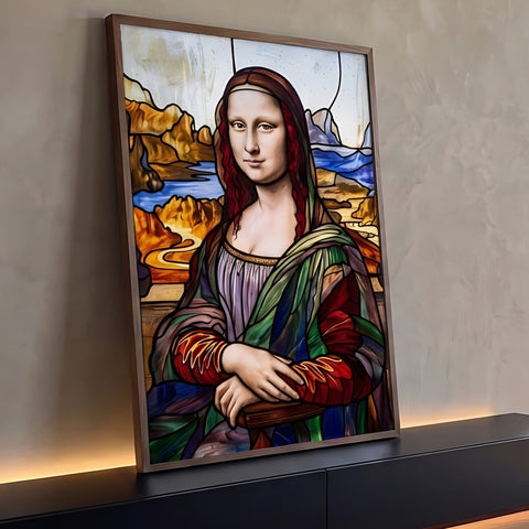 Quadro Decorativo Grande Mona Lisa para Sala Vermelho | quadros decorativos para sala | retrato feminino estilo vitral colorido com véu vermelho e paisagem montanhosa ao fundo | Porao dos Quadros