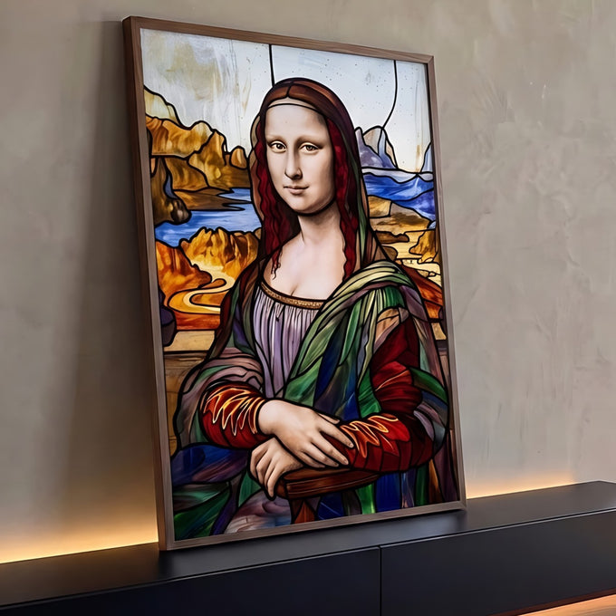 Quadro Decorativo Grande Mona Lisa para Sala Vermelho | quadros decorativos para sala | retrato feminino estilo vitral colorido com véu vermelho e paisagem montanhosa ao fundo | Porao dos Quadros