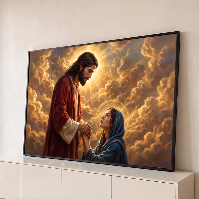Jesus Cristo de manto vermelho segura as mãos de mulher de véu azul entre nuvens douradas, quadro decorativo