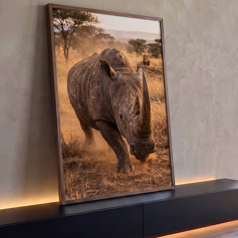 Rinoceronte avançando e levantando poeira na savana dourada com leão ao fundo, quadro decorativo